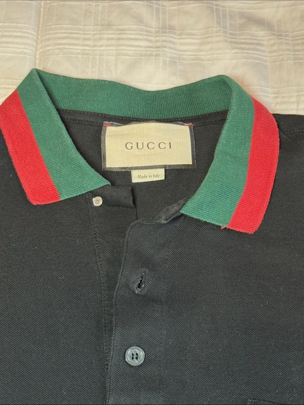 Gucci Black Polo with Green & Red Stripe Collar
